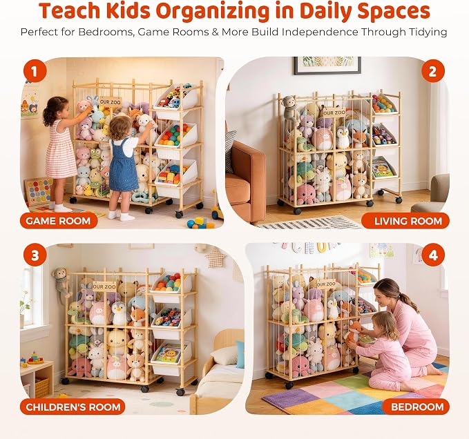 Sevenblue Toy Storage Organizer with 3 Removable Bins, Kids Storage Toy Shelf Organizer for Stuffed Animal Holder for Bedroom Playroom Nursery | Wood & White