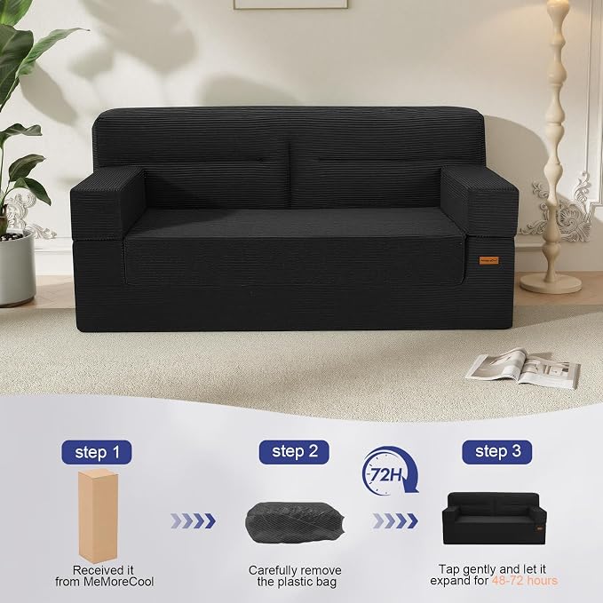 MeMoreCool Queen Sofa Bed, 4-in-1 Pull Out Couch Bed with Wedge Pillow, Boneless Futon Sleeper Loveseat, No Assembly Folding Sofa for Living Room Guest Room, Black Corduroy