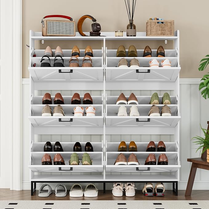 BORNOON Shoe Cabinet with 6 Flip Drawers Narrow Shoe Storage Cabinet Organizer Wooden Freestanding Shoe Rack Hidden Slim Shoes Storage Cabinet for Entryway, Hallway, Living Room, Bedroom