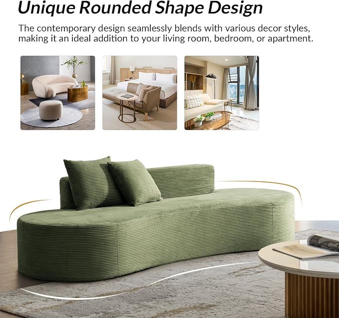 94.5" Modern Curved Sofa, 3-Seater Comfy Foam Couch with 2 Pillows, Frameless & No Assembly Required, Cloud Couch for Living Room, Green