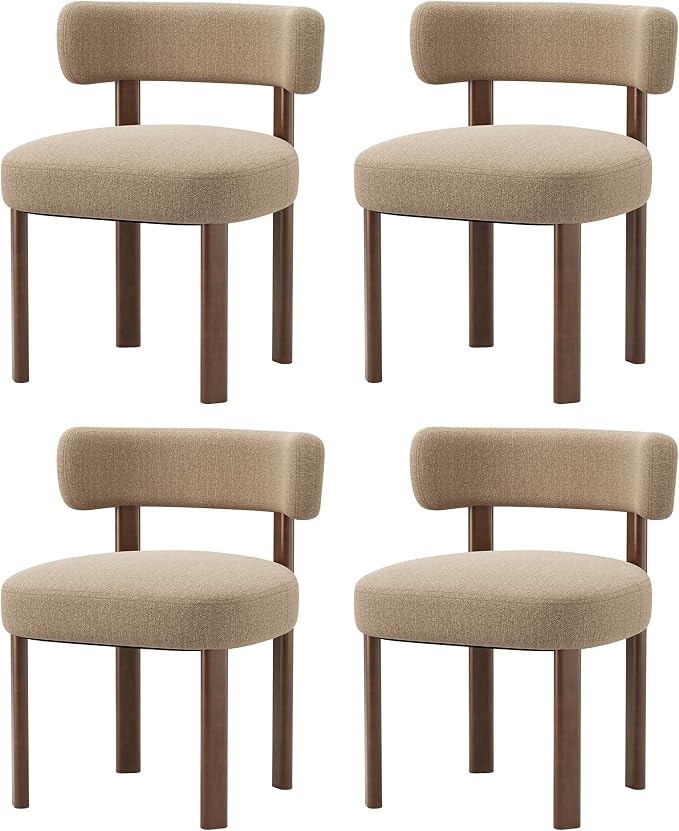 Wooden Dining Chairs Set of 4, Upholstered Kitchen Chairs with Solid Wood Legs, Mid Century Dining Room Chair with Ergonomic Curved Backrest for Kitchen Dining Vanity, Camel