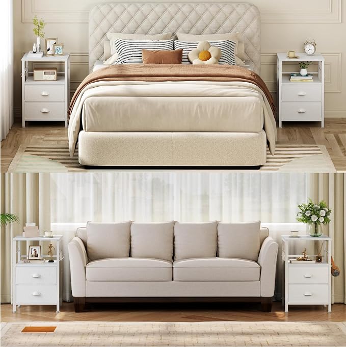 Furologee Nightstands Set of 2, End Table with 2 Fabric Drawers, Night Stand with 2 Hooks, Open Wood Shelf Bedside Table for Bedroom/Living Room/White