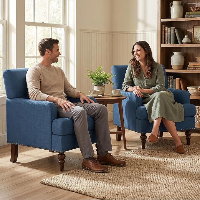 MALOL Upholstered Accent Chair Set of 2, Comfy Reading Chair for Living Room, Mid Century Modern Armchair with Thick Cushion & Solid Rubberwood Legs, for Bedroom/Small Spaces, Blue