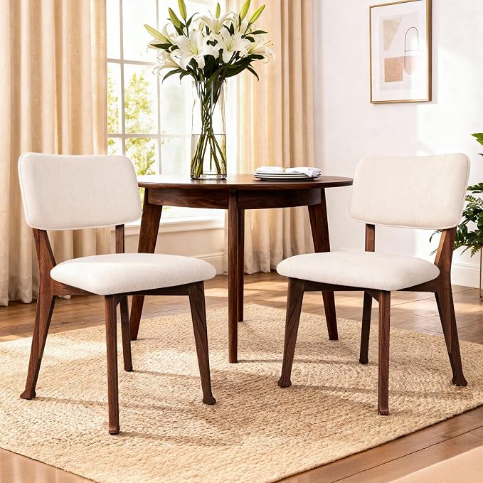 Wooden Dining Chairs Set of 4, Mid Century Modern Kitchen Chairs with Fabric Upholstered and Curved Backrest for Dining Room, Restaurant/Cafe, 300LBS Capacity, Walnut