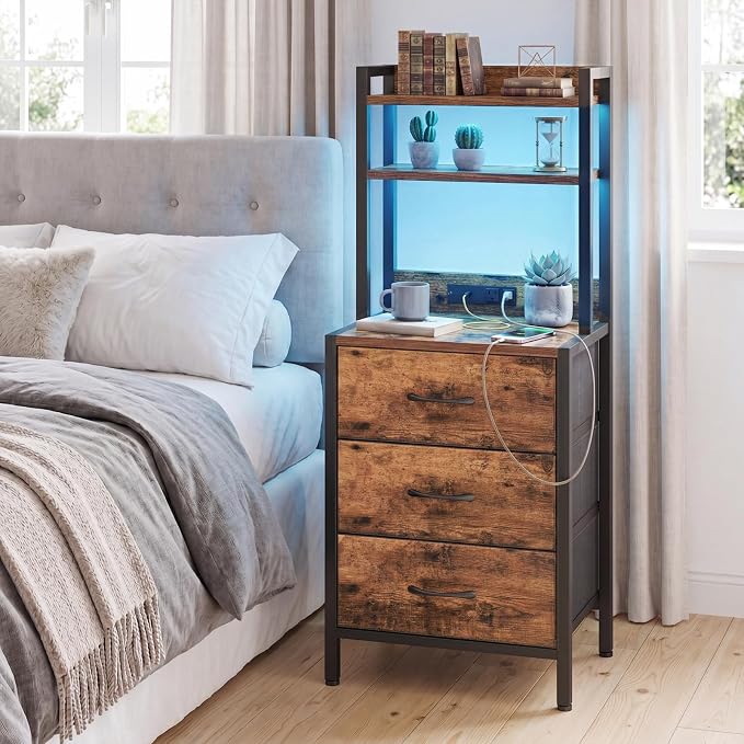 Fixwal 41 Inch Tall Nightstand with Charging Station, Led Night Stand with U-S-B Port & Socket, 3 PU Finished Fabric Storage Drawers, Office, Bedside Table & Bookshelf in One, Rustic Brown