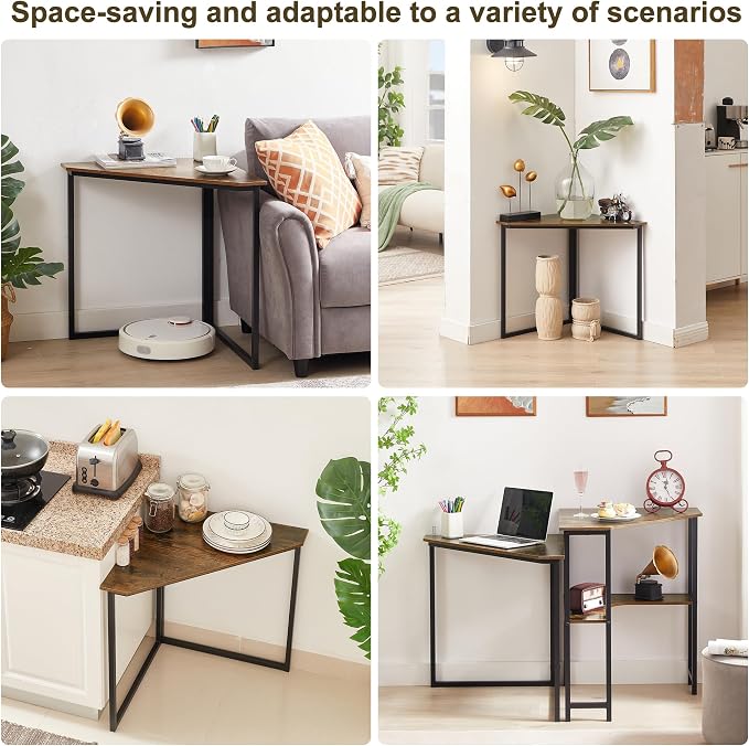 VECELO Corner Desk,Office Tables for Living Room for Small Space Triangle Computer Desk with Steel Frame Corner Shelves with Metal Frame Writing Desk for Workstation Classic Brown 33.1"