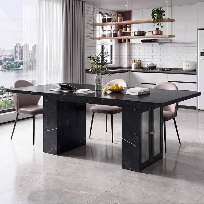 51"-78" Extendable Dining Table for 4-8, Black Faux Marble Kitchen Table | Modern Dining Room Table with Hidden Storage, Rectangle Dinner Tables for Dining Room Kitchen Living Room (Black Marble)