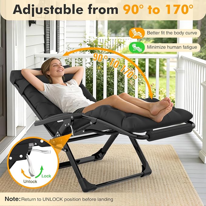 Slendor Oversized Zero Gravity Chairs XXL, 33In Padded Zero Gravity Lounge Chair, Lawn Recliner, Folding Patio Reclining Chair w/Aluminum Alloy Lock, Headrest, Cup Holder, Support 500lbs, Black