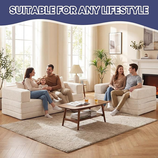 Convertible Sofa Bed, 4-in-1 Boneless Loveseat with Removable Armrests Backrest, Corduroy Futon Couch Bed with Pillow, Foldable Mattress Sleeper Sofa for Living Room Bedroom Small Place (Beige)