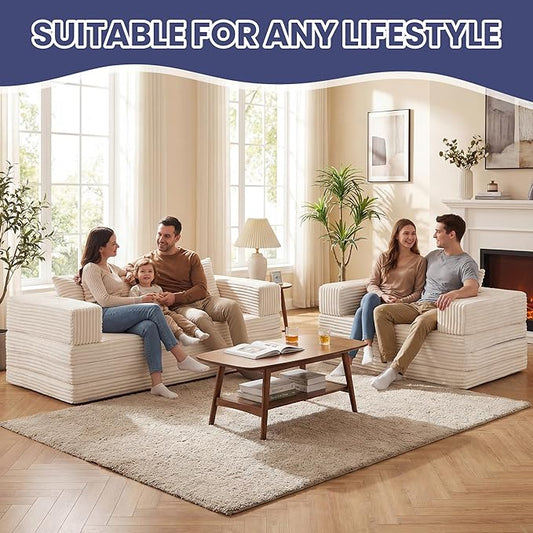 Convertible Sofa Bed Couch, 78’’ Oversized 4-in-1 Boneless Couches with Removable Armrests Backrest, Corduroy Futon Sofa Bed, Foldable Mattress Sleeper Sofa for Living Room Bedroom (Beige)
