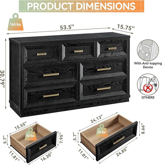 7 Drawer Dresser for Bedroom, 53.5" Wide Wooden Closet Organizers, Modern Oak Chest of Drawers with Metal Handle, Large Storage Dresser TV Stand for LivingRoom Office, Entryway (Black)