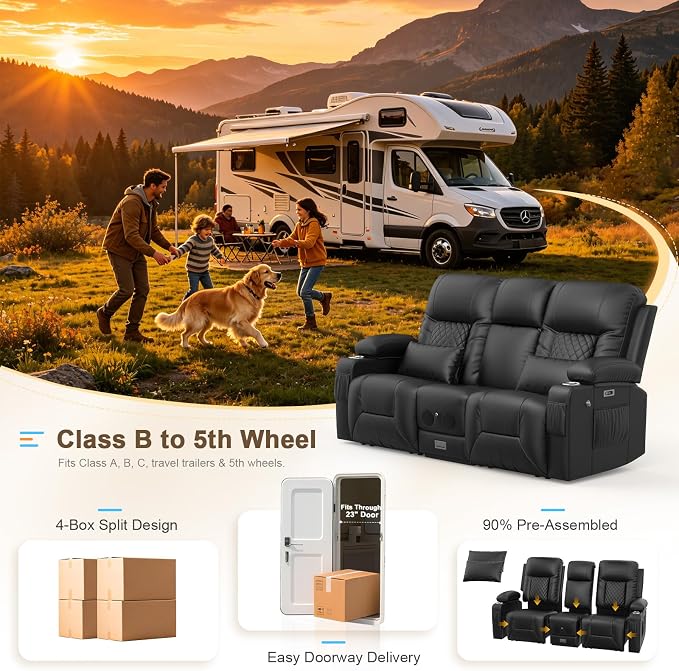 Power RV Loveseat Recliner Sofa, Reclining Loveseat with Flip Back Console, Home Theater Seating with USB Ports, Cup Holders, Wall Hugger Recliners for Movie Room, Black