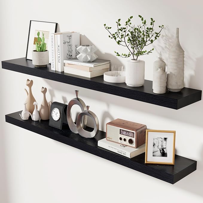 fuqing Black Floating Shelves 48 Inch, Solid Wood Wall Mounted Shelves Set of 2, Extra Long Modern Floating Shelves for Wall Decor & Storage, Shelves for Bathroom Bedroom Kitchen Living Room - Black