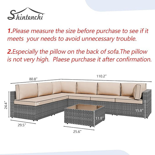 Shintenchi 7 Pieces Outdoor Patio Furniture Sets, Patio Sectional Sofa Couch, Gray PE Wicker Furniture Modular Patio Conversation Sets Patio Sofa with Washable Cushions, Gray/Khaki