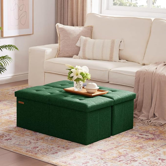 HAUSFRAU 31.5 Inches Ottoman with Storage Bench, Folding Ottoman Bench Small Foot Rest Stool, Bedroom Bench with Flipping Lid, Linen Green