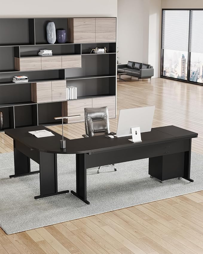 LITTLE TREE 82.67" Long Executive Desk Large L-Shaped Computer Office Desk with 3-Drawer Mobile File Cabinet, Industrial Business Furniture Desk Workstation for Home Office, Black