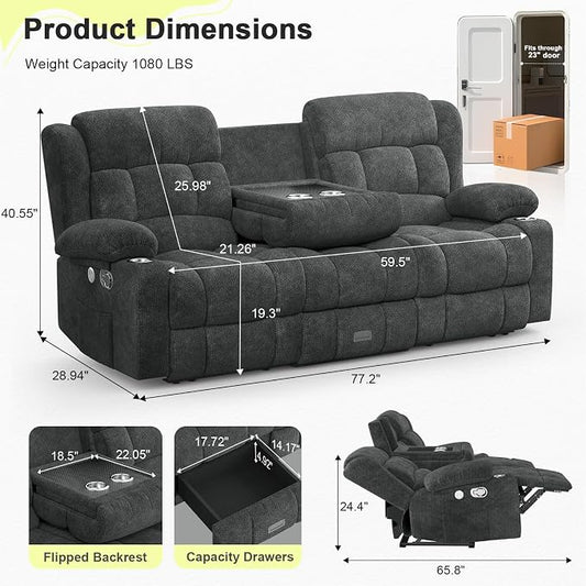 RV Loveseat Recliner Sofa, 3 Seater Reclining Sofa with Flip Back Console, Modern Reclining Couch with USB Ports, Cup Holders, Insert Pockets, RV Recliners for Travel Trailers & Living Room