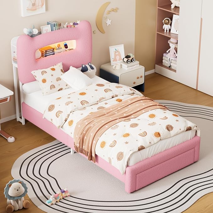 GarveeHome Led Twin Bed Frame for Kids with Drawer, Upholstered Sturdy Platform Bed with Storage Headboard and Charging Station, Noise Free, Easy Assemble, for Girls/Boys, Pink