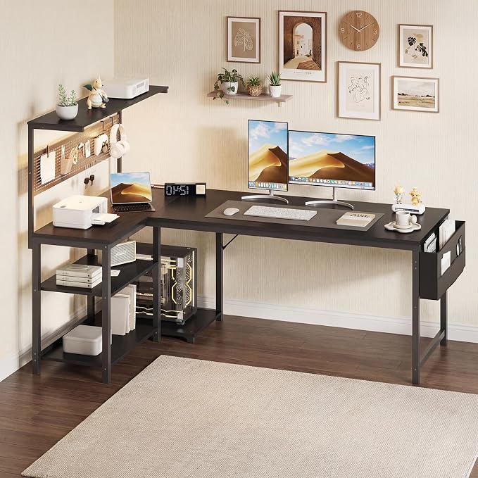Apicizon L Shaped Desk Gaming Desk with LED Light & Power Outlet, 55 Inch Reversible Computer Desk with Pegboard & Shelf & Storage Bag for Home Office, Black