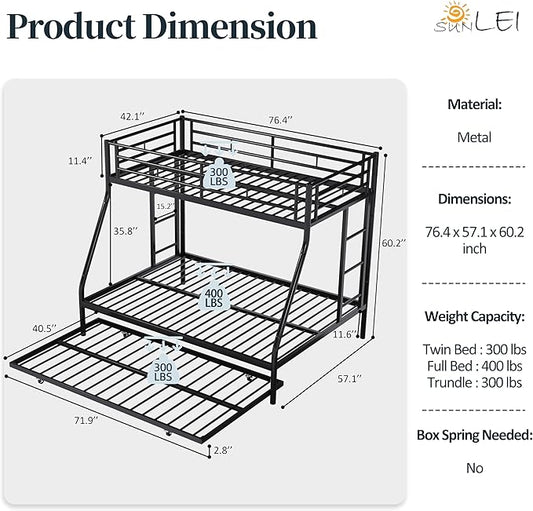 SUNLEI Metal Bunk Beds with Double Secured Ladders, Twin Over Full Bunk Bed with Surrounded Safety Guardrails, Space Saver Twin Beds, Noise Free for Small Bedroom, with Trundle, Black