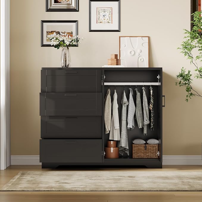 GarveeHome Multifunctional Wooden Dresser for Bedroom, 43.3 in H 2 Door Wardrobe Armoire Closet with 4 Drawers and Hanging Rod, Low Storage Cabinet for Hanging Cloth, Black