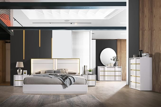 Havana 5-Piece Modern Bedroom Set with Bed, 6-Drawer Dresser, Circle Mirror, 2 Two-Drawer Nightstands, White Lacquered Wood with Gold Trim, LED Headboard, Contemporary Furniture, (Queen)
