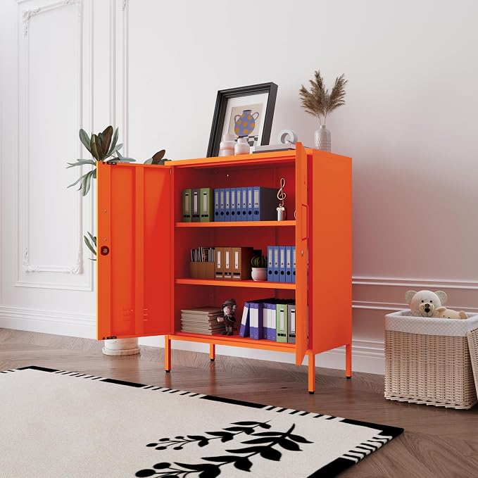 Orange 3 Tier Metal Storage Cabinet with Legs, Lockable 2 Door Metal Locker, Heavy Duty Multipurpose Accent Storage Cabinet with 2 Adjustable Shelves for Home, Office, Entryway and Hallway