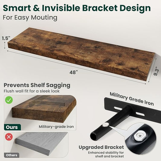 Floating Shelves for Wall 48 in x 9.3 in Deep, Wall Mounted Rustic Wood Shelf with Invisible Brackets for Storage & Display, Living Room Bedroom Bathroom, Brown, 2 Pack