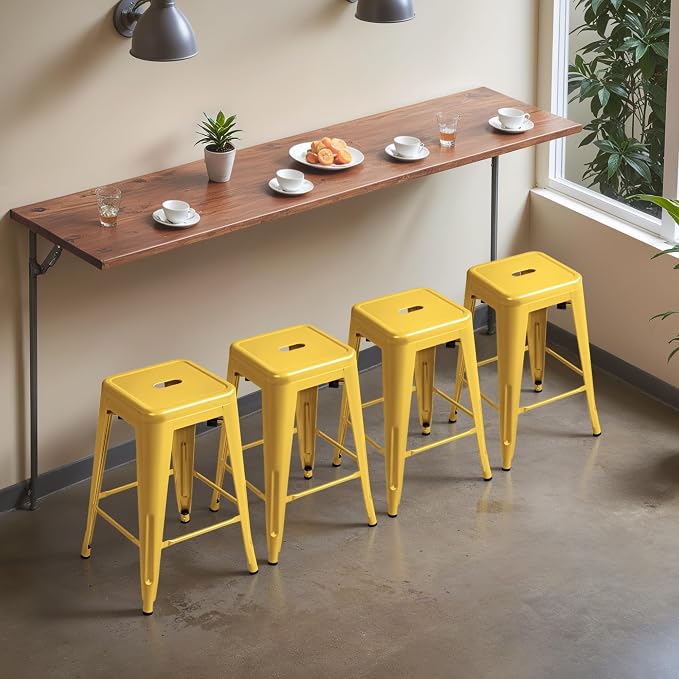 Furmax 24 Inch Metal Bar Stools Set of 4, Counter Height Bar Stools Height High Backless Stools Industrial Stackable Bar Chairs for Dining Room Kitchen Indoor Outdoor Stools Bar Chairs (Yellow)