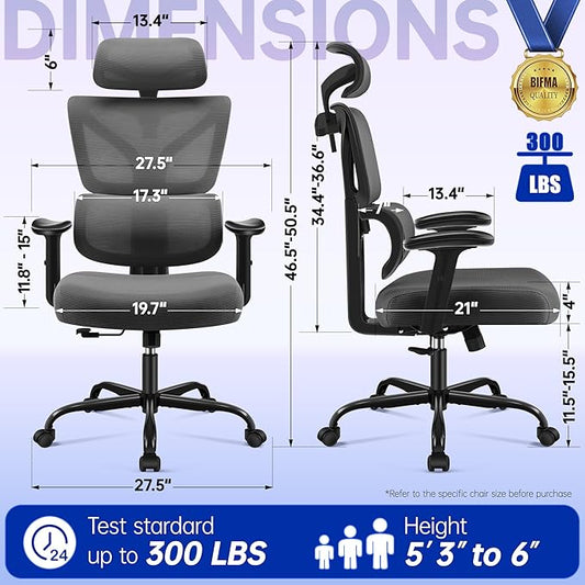 Ergonomic Office Chair, High Back Mesh Computer Chair with Comfortable Adaptive Lumbar Support, Built-in Coat Hanger, SGS Class 4 Gas Lift, Heavy Duty 300lbs for Long Hours Home Office