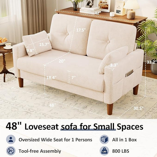Vipbear 48" Loveseat Sofa,Modern Small Couches for Small Spaces,Beige Chenille Love Seat Couch for Living Room,Bedroom,Apartment,Office,Deep Seat,Throw Pillow,Side Pockets,Square Armrest