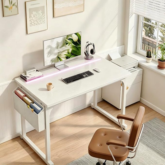 DurayLoly 40" Computer Desk with Waterproof LED Lights,Bedroom Study Desk for Teens,Dorm Room Essentials,Headphone Hook&Storage Bag for Small Spaces,Sturdy Metal Frame,White