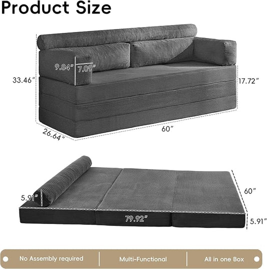 5-in-1 Convertible Sofa Bed, 60" Boneless Loveseat Couch Tri Folding Mattress with Removable L-Shaped Armrests, Corduroy Futon Couch Sleeper with Pull Out Bed for Living Room Bedroom Apartment, Grey