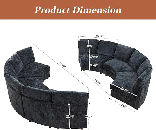 ORRD Curved Half Moon Sectional Sofa, Symmetrical Modular Sectional Couch, Boucle Modular Sectional Sofa with Pillows, Chenille Comfy 6 Seat Couch for Living Room, Black Blue