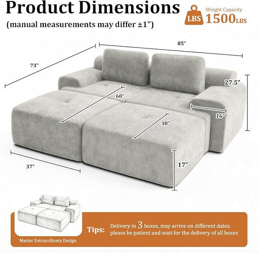 85" Oversized Boneless Couch, Comfort Cloud Sectional Couches for Living Room, Modular Sofa High Back & Extra Deep Seat, No Assembly, Soft Chenille Fabric (Light Grey, 85 inch- Shaped(2+2))