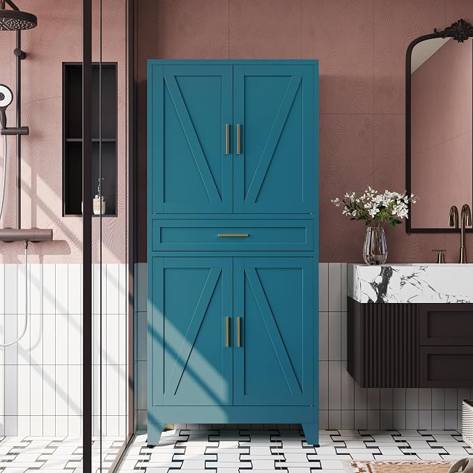 71"H Metal Kitchen Pantry Cabinet with Drawers,Blue Kitchen Storage Cabinets with Doors,Farmhouse Pantry Food Storage Cabinets,Tall Pantry Cabinets,Large Freestanding Cabinets for Dining Room