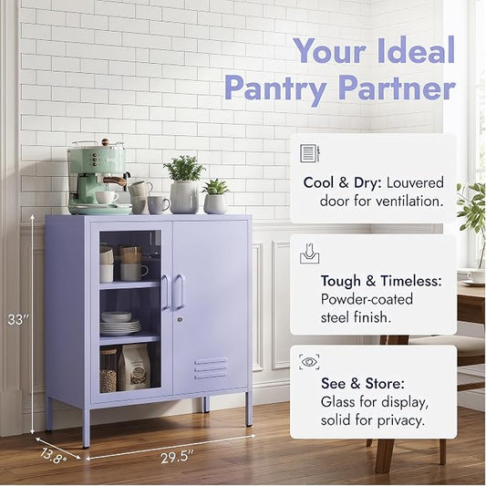 33" Tall Lockable Metal Storage Cabinet with Adjustable Shelves,2 Door Home Freestanding Locker Metal Pantry Cabinet for Living Room,Office,Dining Room,Purple Size: 33" H x 29.5" W x 13.8" D