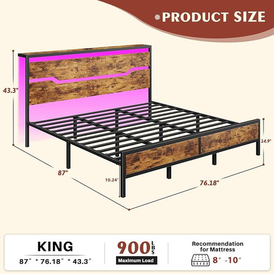 Homkdom King Size Bed Frame with USB Ports & LED Lights, Headboard Shelf, Heavy Duty Metal Platform with 10.24" Underbed Storage, Noise-Free Slats, No Box Spring Needed, Modern Brown