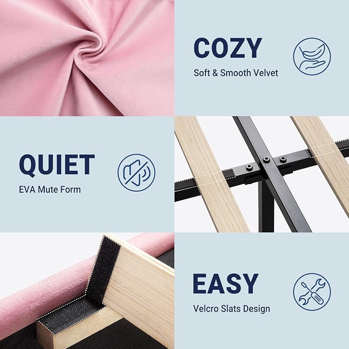 Allewie Full Size Platform Bed Frame with Adjustable Headboard, Plush Velvet Upholstered, Vertical Channel Tufted, Sturdy Wooden Slats, No Box Spring Needed, Easy Assembly, Pink