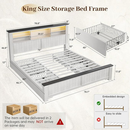 EnHomee King Bed Frame with Headboard and 4 Storage Drawers, LED Lights & Charging Ports,No Box Spring Needed for Big House,Noise-Free,Wooden, White