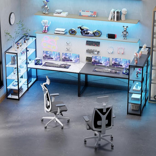 Pamray 49 Inch L Shaped Gaming Computer Desk with Shelves and Storage | Compact Reversible Design with LED Lights & Power Outlets, Suitable for Home Office Bedroom Small Spaces and Dorm Study Work