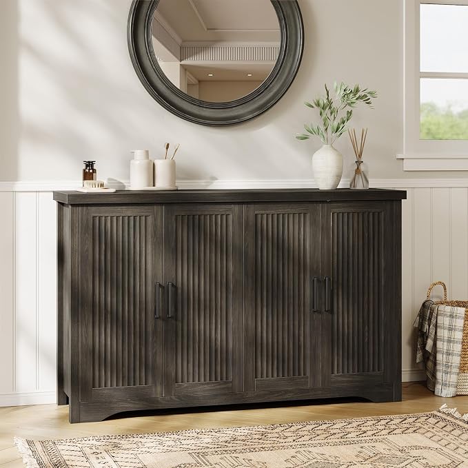 Memobarco Fluted Buffet Cabinet with Storage Accent Sideboard,Modern Credenza with 4 Doors & Adjustable Shelves,Wood Coffee Bar Table Console for Dining Room Kitchen Living Room Entryway,Gray