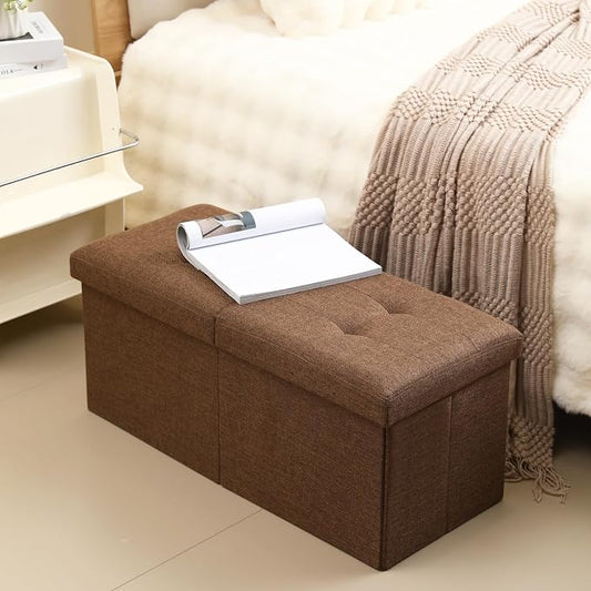 Storage Ottoman Bench Foldable Seat Footrest Shoe Bench End of Bed Storage with Flipping Lid, 75L Storage Space, 30 inches Linen Fabric Brown