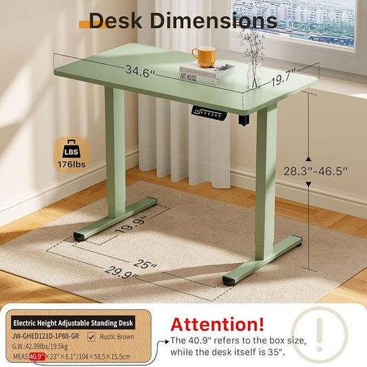 JOY worker Small Electric Standing Desk, 35" x 20" Whole Piece Height Adjustable Desk with Memory Controller, Green Sit to Stand Workstation for Home Office
