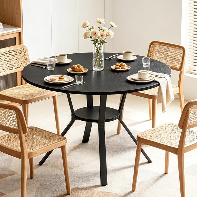Dining Table for 2-4, 43“ Round Dining Room Kitchen Table with Storage,Round Table for Living Room,Fluted Wood Table,Oval Dinner Furniture with Adjustable feet(Black, 43 Inch)