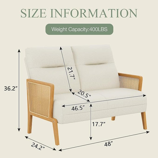 Love Seat Settee Mini Couch Upholstered Sofa with Natural Rattan Armrest Backrest Couch Bench Loveseat for Living Room Bedroom Beige