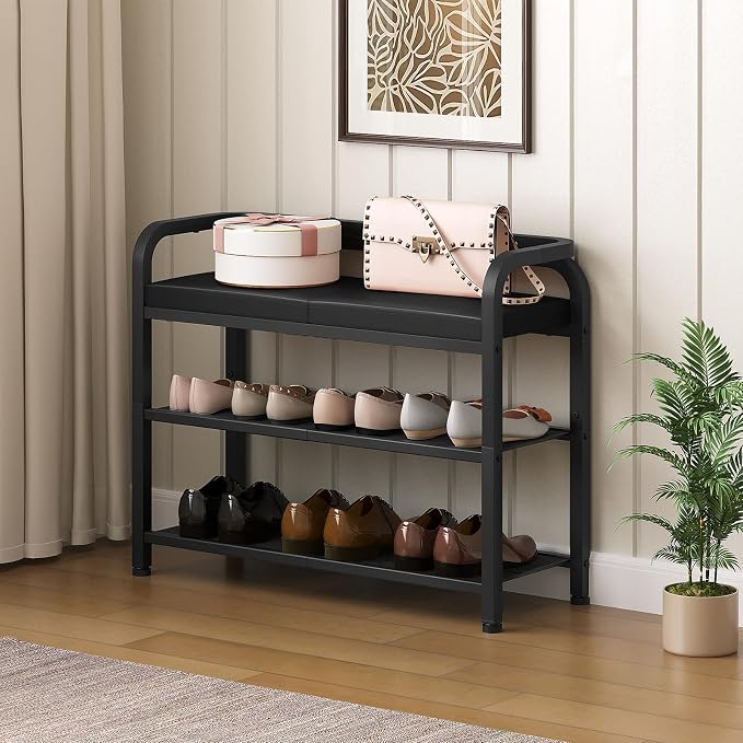 YATINEY Shoe Bench with Backrest, Entryway Bench, 2-Tier Shoe Rack with PU Padded Seat, Upholstered Shoe Storage Bench with Back, for Hallway, Entryway, Foyer, Bedroom, Black HX04BB