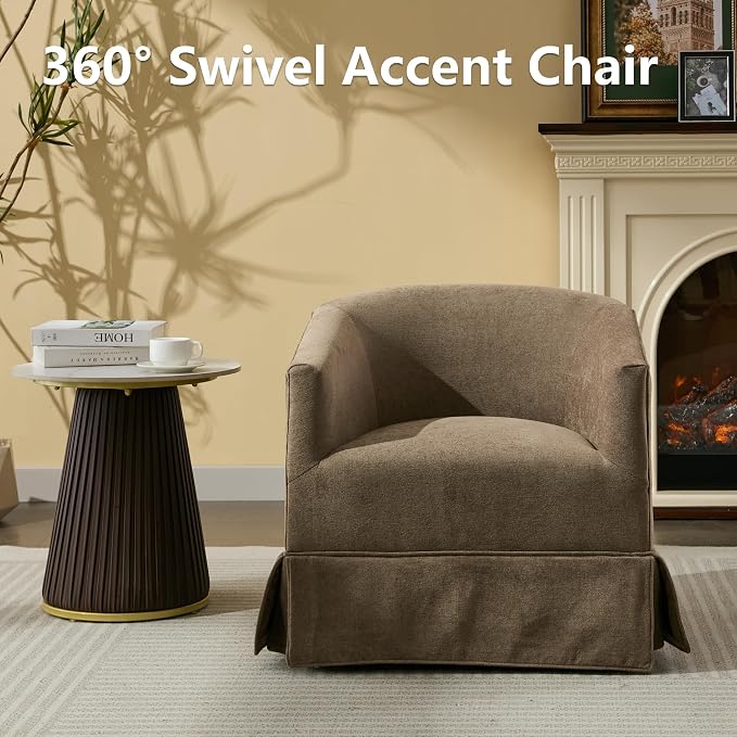 Swivel Accent Chairs Set of 2 for Living Room, 360° Upholstered Barrel Swivel Chairs with Skirted Base, Modern Linen Armchairs for Bedroom, Reading Nook, Small Space, Brown