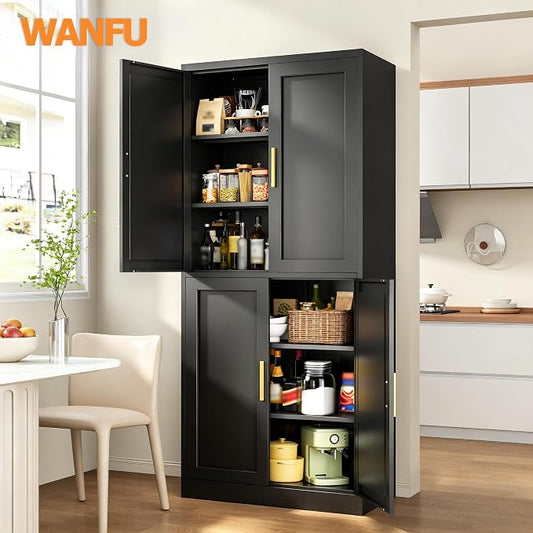 Wanfu 71" Tall Pantry Cabinet, Metal Kitchen Pantry Cabinet with 4 Doors and 4 Adjustable Shelves, Kitchen Pantry Storage Cabinets, Metal Storage Cabinet for Kitchen, Dining Room, Living Room-Black