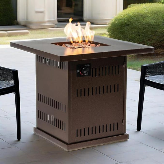 GDFStudio 28" Square Propane Gas Fire Pit Table, 50000 BTU Outdoor Steel Patio Heater with Hidden Tank Storage and Lid for Garden Deck Backyard, Brown